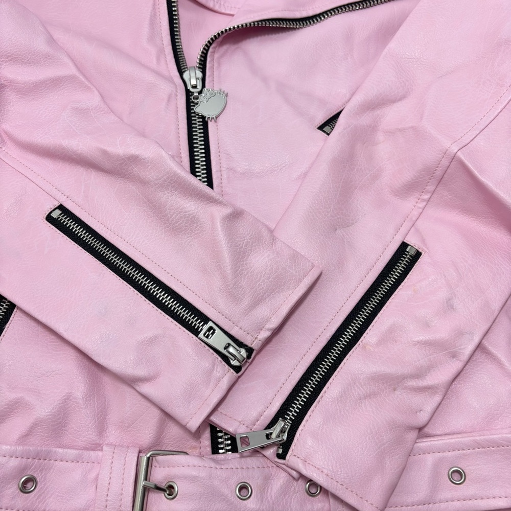 Dolls Kill X Hello Kitty Faux Leather Moto Jacket Spikes Full Lined Size L - Picture 12 of 15